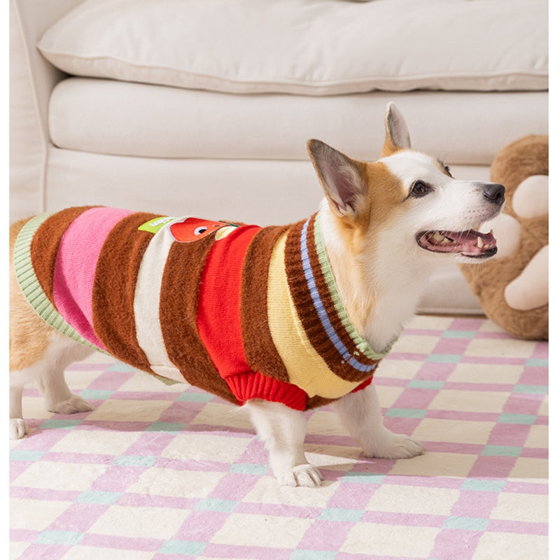Pet Clothing, Corgi Special Rainbow Apple Striped Autumn And Winter Warm Medium-sized Dog Pullover Sweater, Dog Clothing