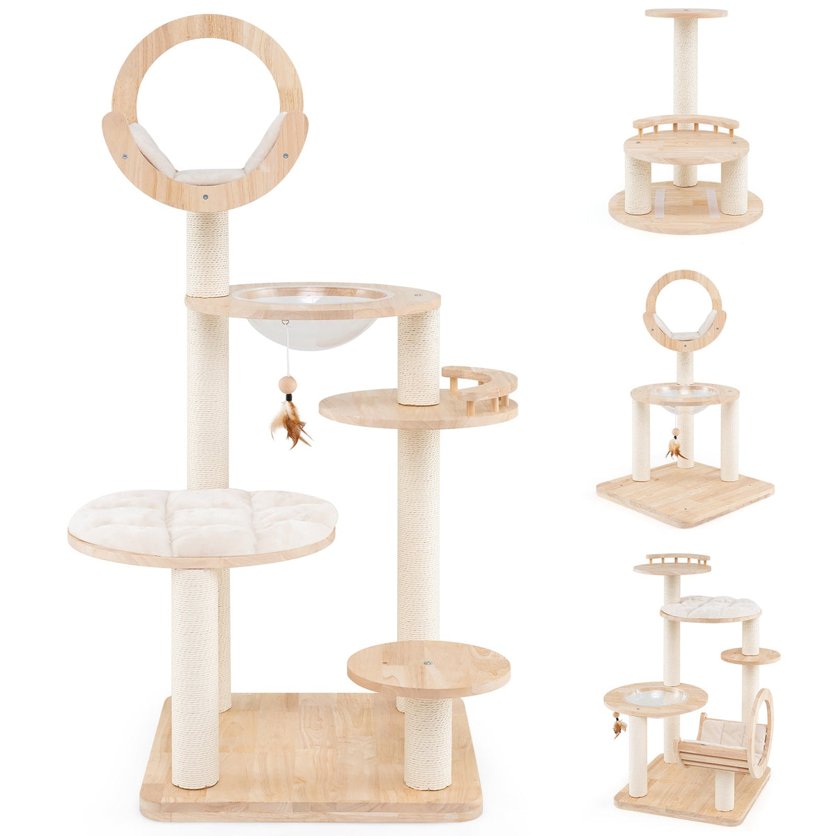 4-in-1 Large Wooden Cat Tower with Space Capsule Nest for Indoor Cats