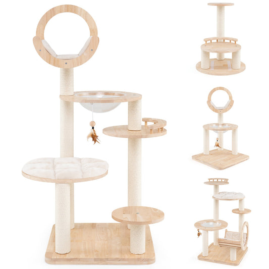 4-in-1 Large Wooden Cat Tower with Space Capsule Nest for Indoor Cats