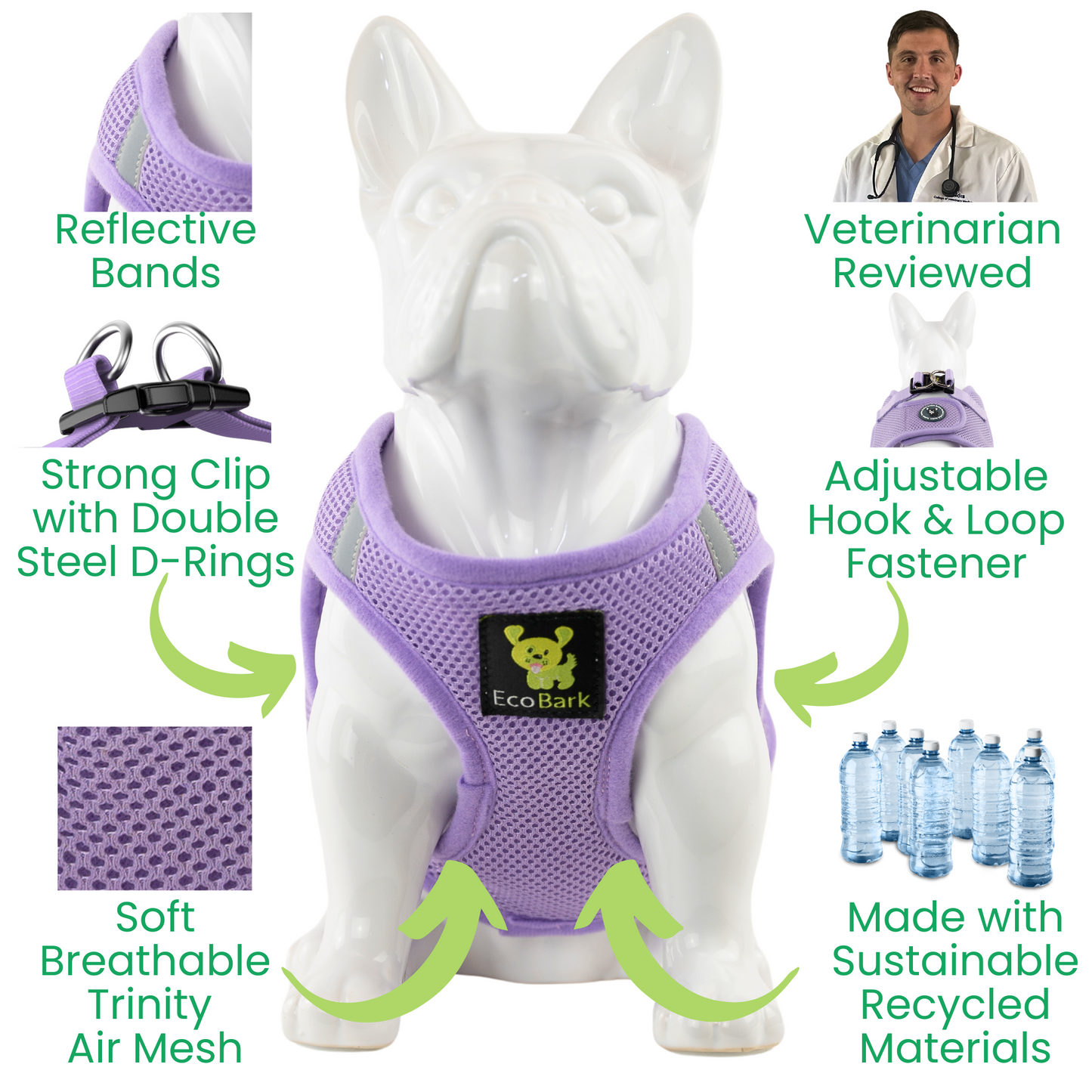 EcoBark Step In Dog Harness - XXXS to Small Breeds- Reflective Soft Mesh Harness for Teacup, Small Dogs and Puppies / Lavender