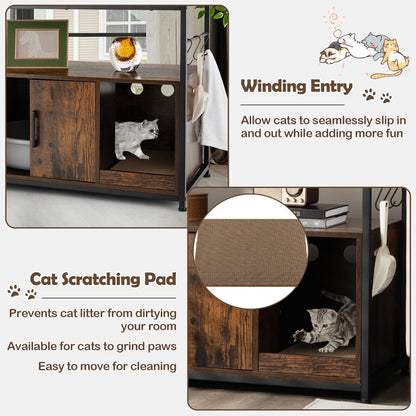 Wooden Cat Box Cabinet with with Metal Frame and Scratching Pad-Rustic Brown