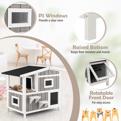 Outdoor 2-Story Wooden Feral Cat House with Escape Door-Gray