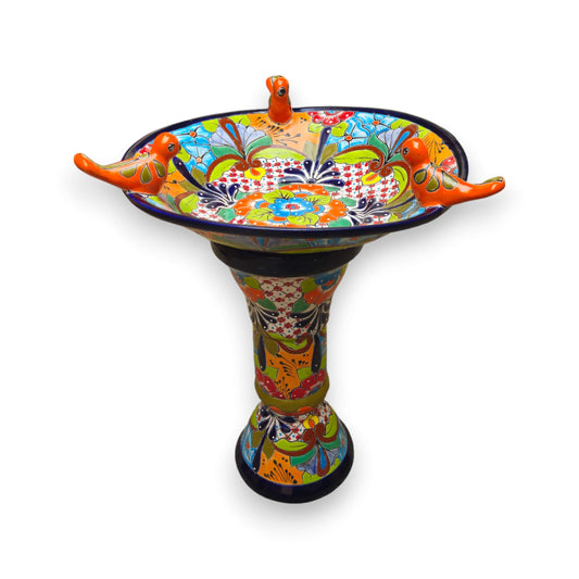 Talavera Bird Bath with Blue Rim | Colorful Mexican Garden Decor