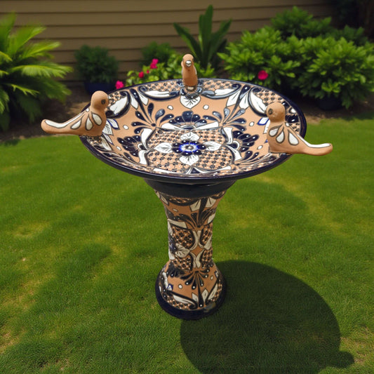 Terracotta Talavera Bird Bath | Black & Blue Hand-Painted Design