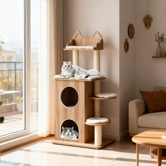 48 Inch Wooden Cat Tree with 2-Floor Condo and Washable Cushions-Natural