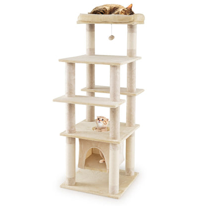 58 Inch Large Multi-level Cat Tree with Swaying Aerial Condo and Plush Perch Bed